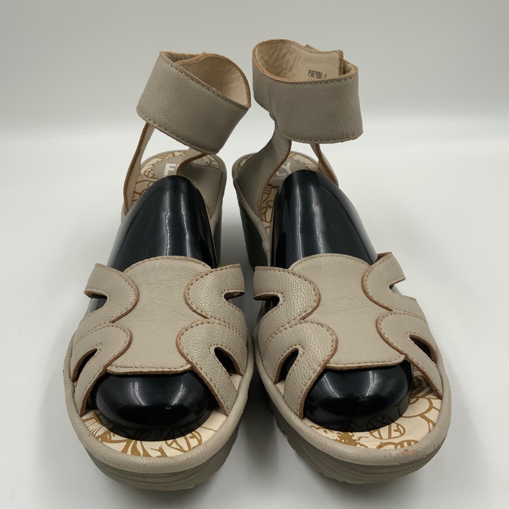 Fly London Wedge Sandals Beige‎ Leather Ankle Strap Open Toe Women's Size 41